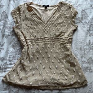 Y2K Cream Lace Babydoll Top Nylon Large Coquette Cottagecore Boho Ethereal Fairy